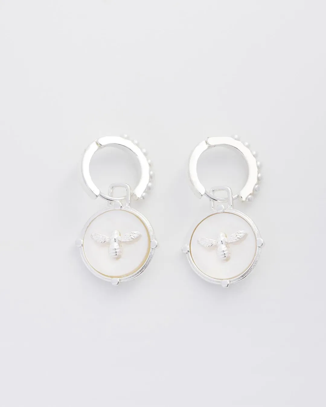 Sale Fable England Honey Bee & Pearl Huggie Earrings Silver