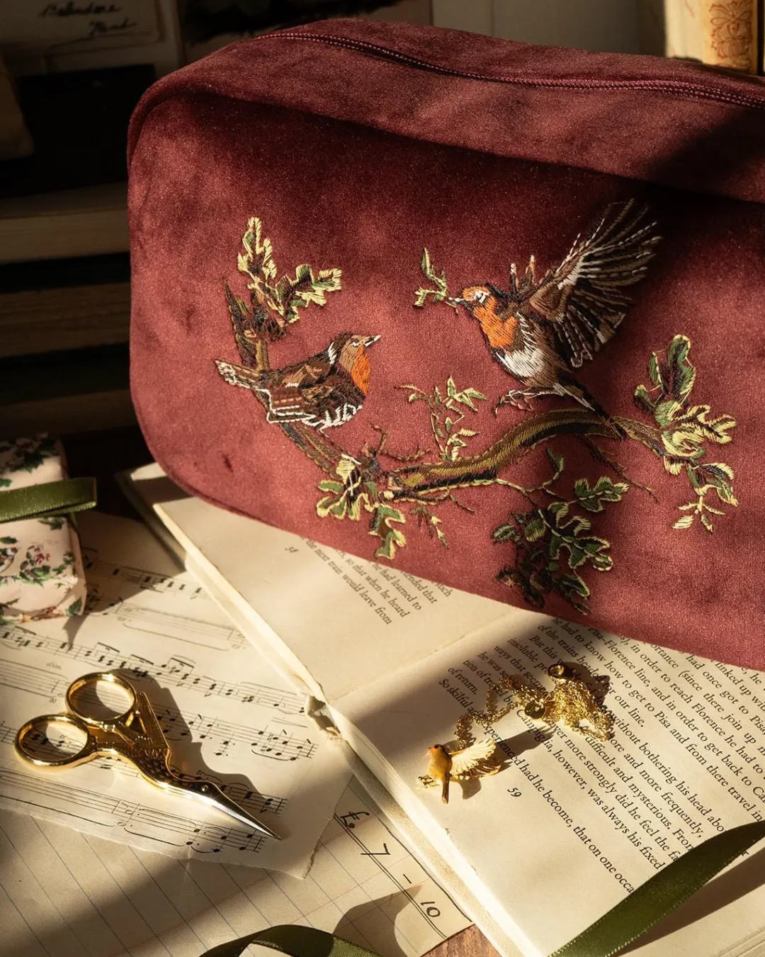 Best Fable England Robin Love Embroidered Pouch Redcurrant Velvet